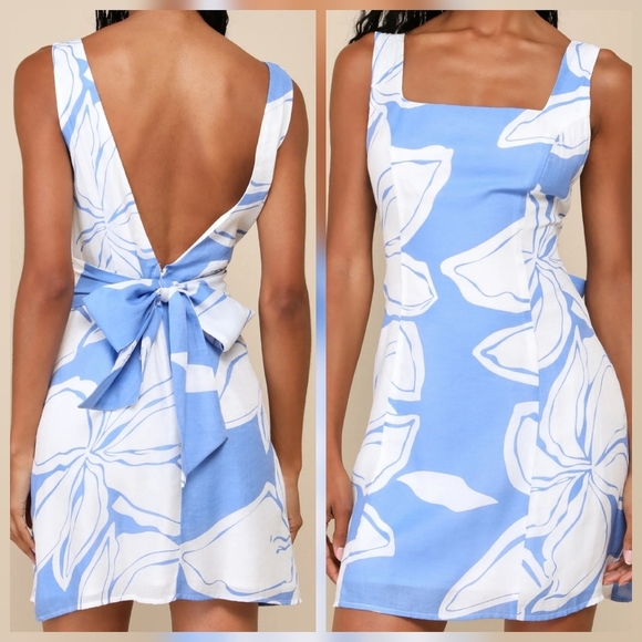 Lulus Dresses & Skirts - Lulus Deeply Sweet Blue and White Floral Tie-Back Shift Mini Dress, Size XL